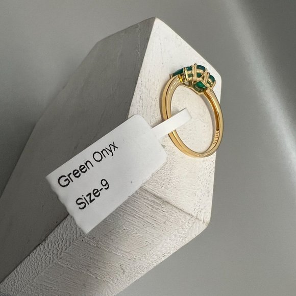 3 Stone Genuine Green Oval Onyx Ring Sterling Silver Vermeil Size 9.25 NWT - Picture 10 of 10